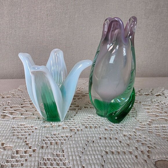 Other - Vintage Handblown Art Glass Flowers Set Green & White Tulip And Purple Gradient